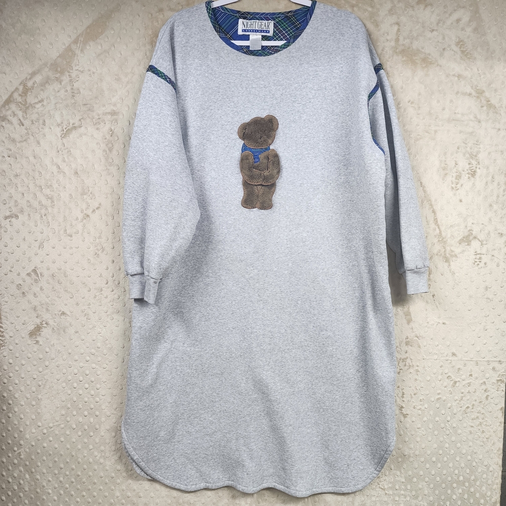 Vintage Gray Teddy Bear Appliqué Women's Nightgown Pajamas Size XL